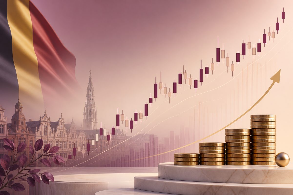 Taxe belge sur les plus-values 2026, graphique boursier en hausse et pièces d'or
